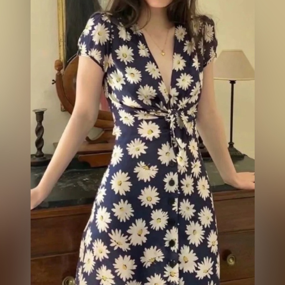 Maje Floral V-Neck Dress Blue Silk Blend Knee Length Short Sleeve Women